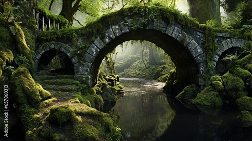 A serene, moss-covered stone bridge crossing a tranquil river, a relic from a bygone era of craftsmanship