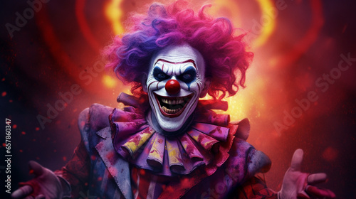 Angry clown, face contorted in rage, eyes wide and glaring.