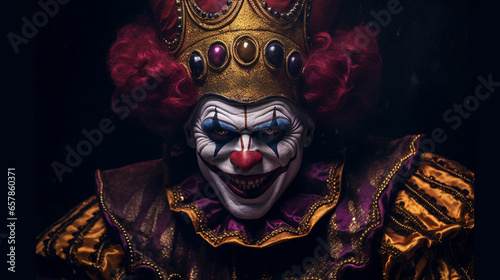 Angry clown  face contorted in rage  eyes wide and glaring.
