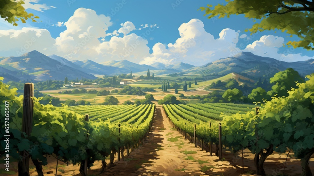 A picturesque vineyard with rows of grapevines, mountains in the background, and clear blue skies overhead
