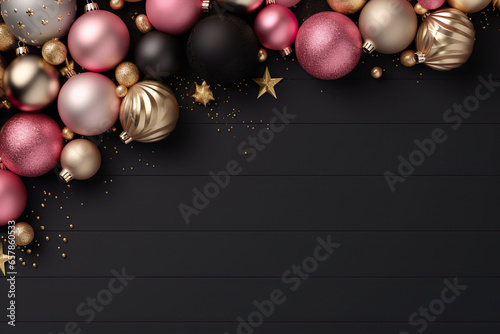 blach  pink and golden christmas balls on balck ground with space for text  elegant christmas background
