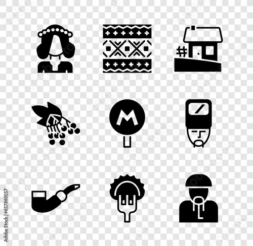 Set Ukrainian woman, ethnic pattern, house, Smoking pipe, Dumplings on fork, cossack, Branch viburnum and Metro Underground icon. Vector