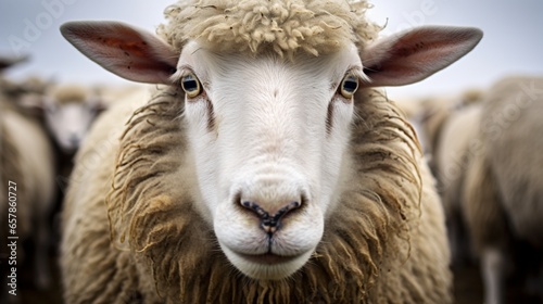 A sheep gazing curiously at the camera, its eyes reflecting a deep intelligence