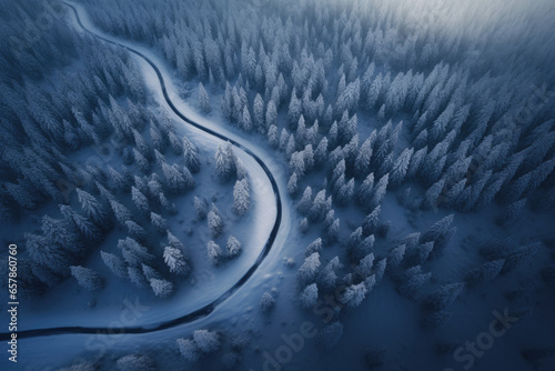 Aerial perspective of a winter forest with a winding road or trail © thejokercze