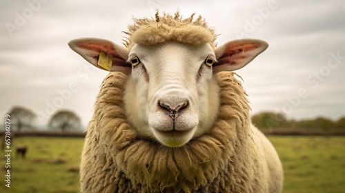 A sheep gazing up at the camera with a quizzical expression  its face full of character