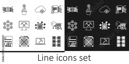 Set line Mining farm, Cryptocurrency key, cloud mining, with monitor and pickaxe, Blockchain technology, bitcoin circuit, ASIC Miner and Bitcoin plant the pot icon. Vector