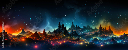 Dark abstract background with mountains, different colored lines, in the style of colorful abstract landscapes