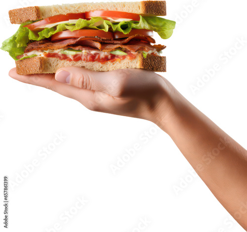 Hand holding delicious BLT Sandwich, bacon, lettuce, tomato, subway, PNG, Transparent, isolate.