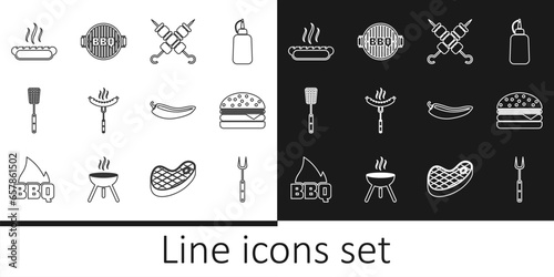 Set line Barbecue fork, Burger, Grilled shish kebab, Sausage on the, spatula, Hotdog sandwich, chili pepper pod and grill icon. Vector