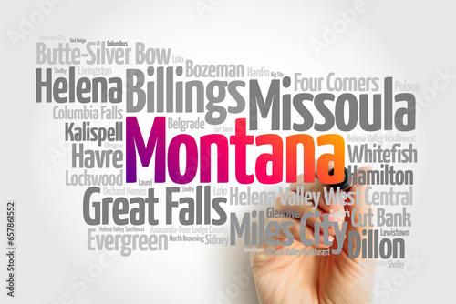 List of cities in Montana USA state, map silhouette word cloud, map concept background © dizain