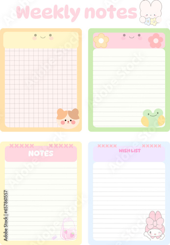 set of elements Cards notes. Kids notebook page vector template. Stickers, labels, tags paper sheet illustration. Set of planners and to do lists with simple girls illustrations with animal character