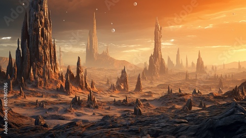 A surreal, alien landscape with towering, crystalline rock spires jutting up from an endless desert