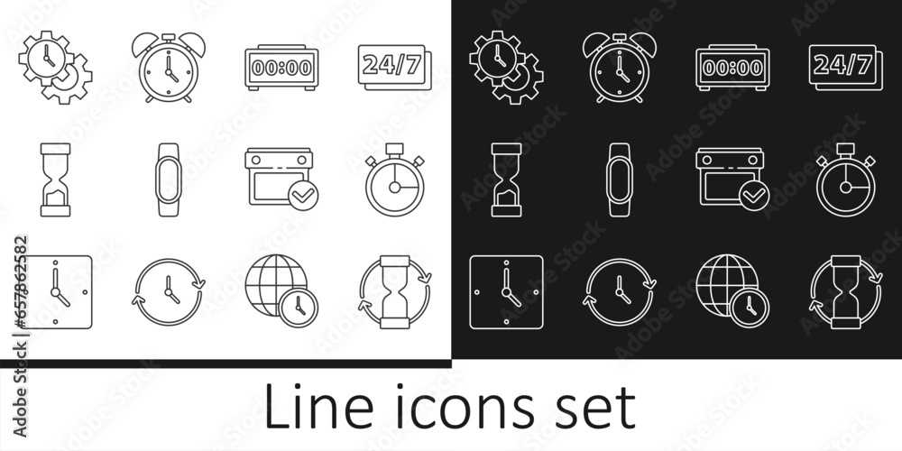 Set line Old hourglass, Stopwatch, Digital alarm clock, Smartwatch, Time Management, Calendar with check mark and Alarm icon. Vector