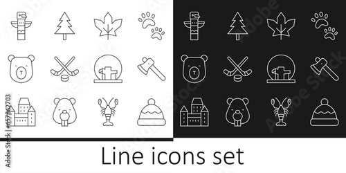 Set line Beanie hat, Wooden axe, Canadian maple leaf, Ice hockey sticks and puck, Bear head, totem pole, Montreal Biosphere and Christmas tree icon. Vector