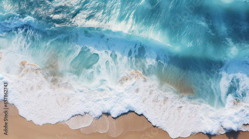 Aerial view of rolling waves crashing onto the shore. AI generative