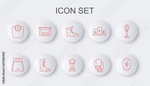 Set line American Football ball, Boxing short, Sport boxing shoes, glove, Bathroom scales, Stopwatch, and Award cup icon. Vector