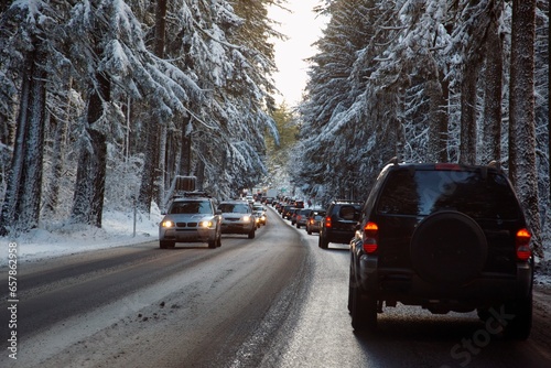 Heavy Traffic And A Snow Storm; Mt. Hood, Oregon, United States Of America