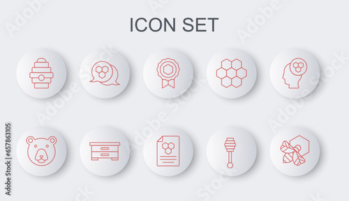Set line Bee and honeycomb, Bear head, Honey medal, dipper stick, Hive for bees, Honeycomb, and icon. Vector