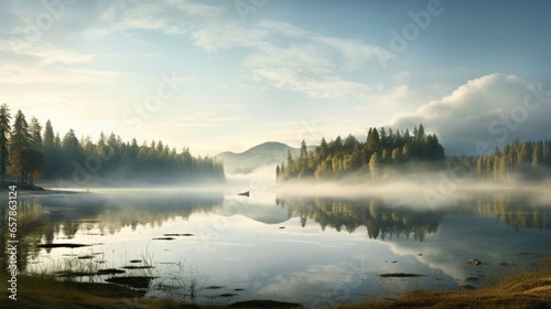 A tranquil, mist-covered lake nestled between rolling hills, reflecting the surrounding nature like a mirror