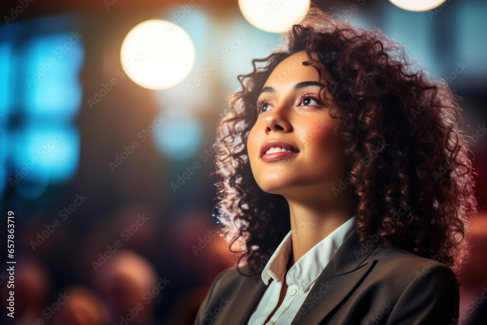 Close up Portrait of young Businesswoman attending a leadership business conference, listening to Motivational inspiring confident speakers and gaining insights into effective practices Event. Close up Portrait of young Businesswoman attending a leadership business conference, listening to Motivational inspiring confident speakers and gaining insights into effective practices Event.