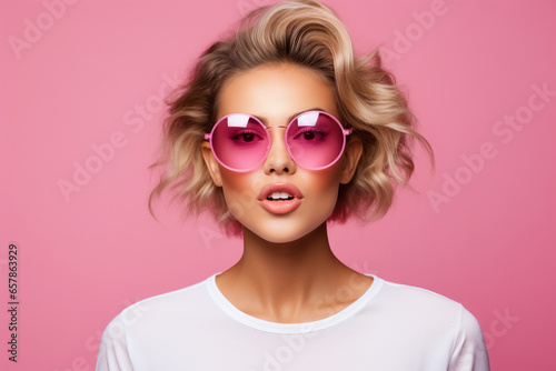 Portrait of a young woman with sunglasses making a big pink chewing - gum - bubble with her mouth, pink background
