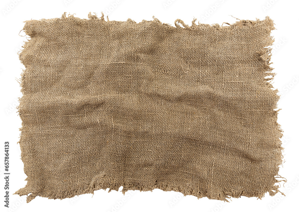 Burlap texture. A piece of torn burlap on a white background. Canvas. Packing material - obrazy, fototapety, plakaty 