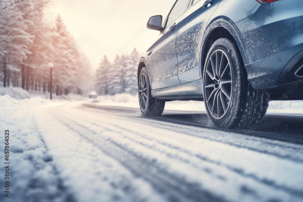 Car driving confidently on a snow-covered road with winter tires - obrazy, fototapety, plakaty 