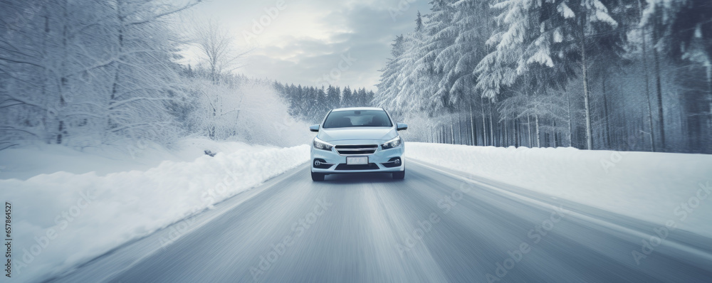 Car driving confidently on a snow-covered road with winter tires