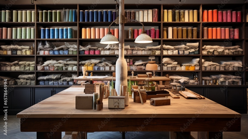an artisanal paper store, with rolls of handmade paper and shelves of artisan ink bottles