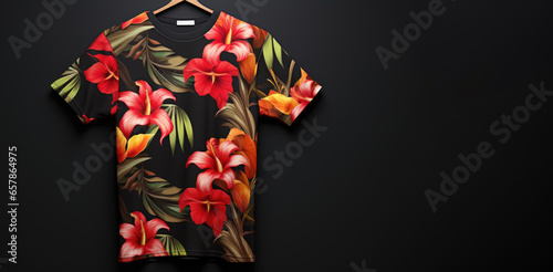 t shirt design with flowers ,black background with copy spae  photo