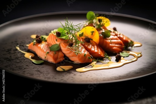 Salmon carpaccio with caviar on wgite plate over dark background photo