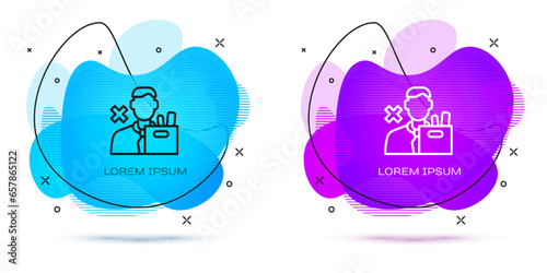 Line Dismissed sad young man carrying box with his personal belonging leaving his job icon isolated on white background. Employee fired from work. Abstract banner with liquid shapes. Vector