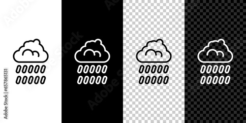 Set line Cloud with rain icon isolated on black and white, transparent background. Rain cloud precipitation with rain drops. Vector