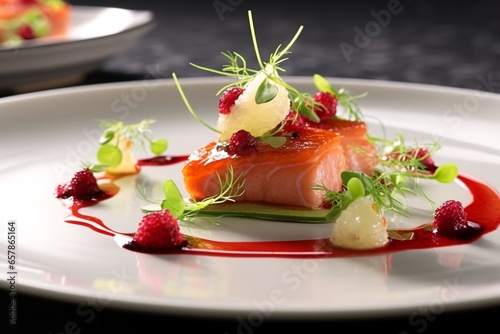 Salmon carpaccio with caviar on wgite plate over dark background photo