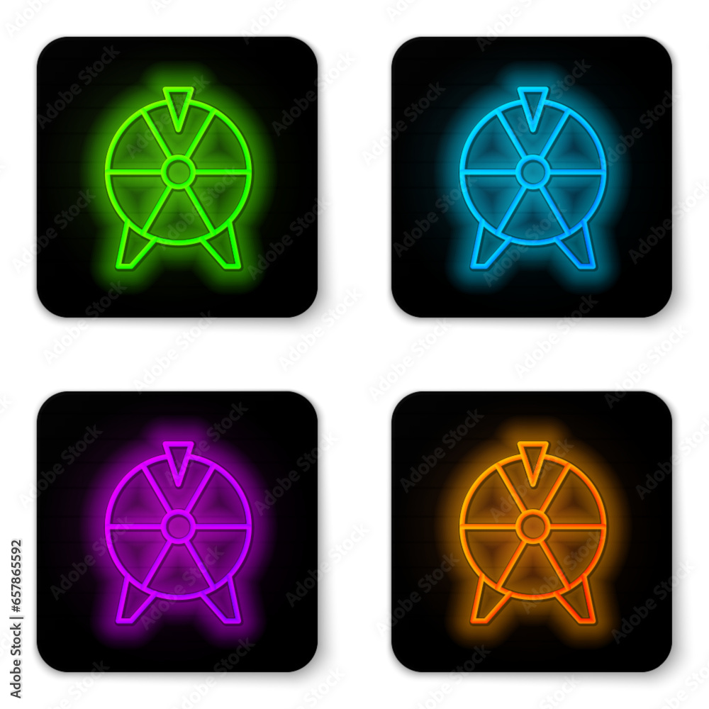 Glowing neon line Lucky wheel icon isolated on white background. Black square button. Vector Glowing neon line Lucky wheel icon isolated on white background. Black square button. Vector