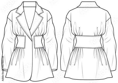 Women's Notch lapel overcoat casual jacket flat sketch fashion illustration front and back view, Casual Volume coat jacket with gathered waist technical drawing vector template.