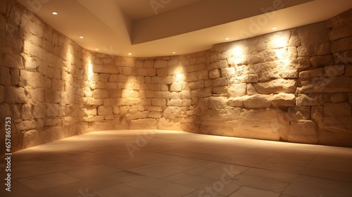 Empty Room with Stone Walls in ivory Colors. Vintage Backdrop for Product Presentation