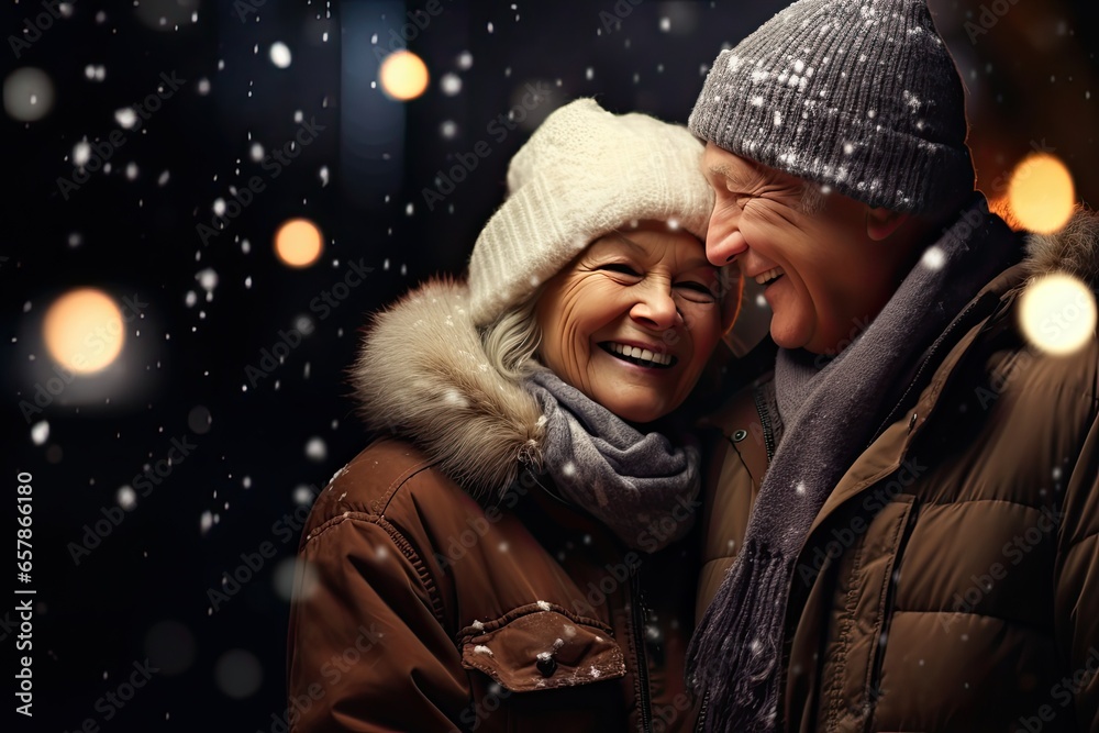 A mature couple enjoying a romantic winter walk in the snowy city, celebrating Christmas and the new year.