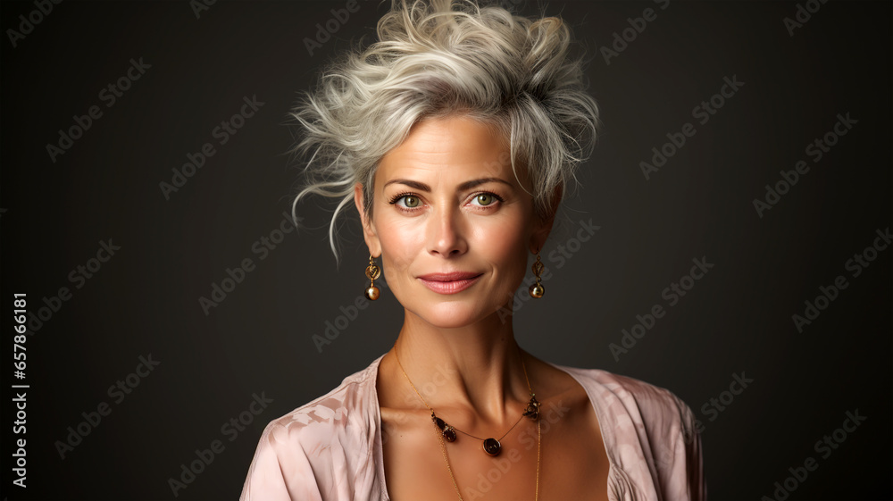 Naklejka premium Portrait of beautiful woman blonde on dark background, business lady, concept of female leadership