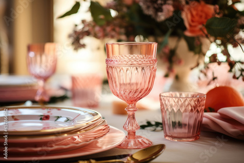 Festive holiday table setting featuring peachy pink and coral-themed decorations