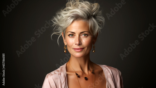 Portrait of beautiful woman blonde on dark background, business lady, concept of female leadership