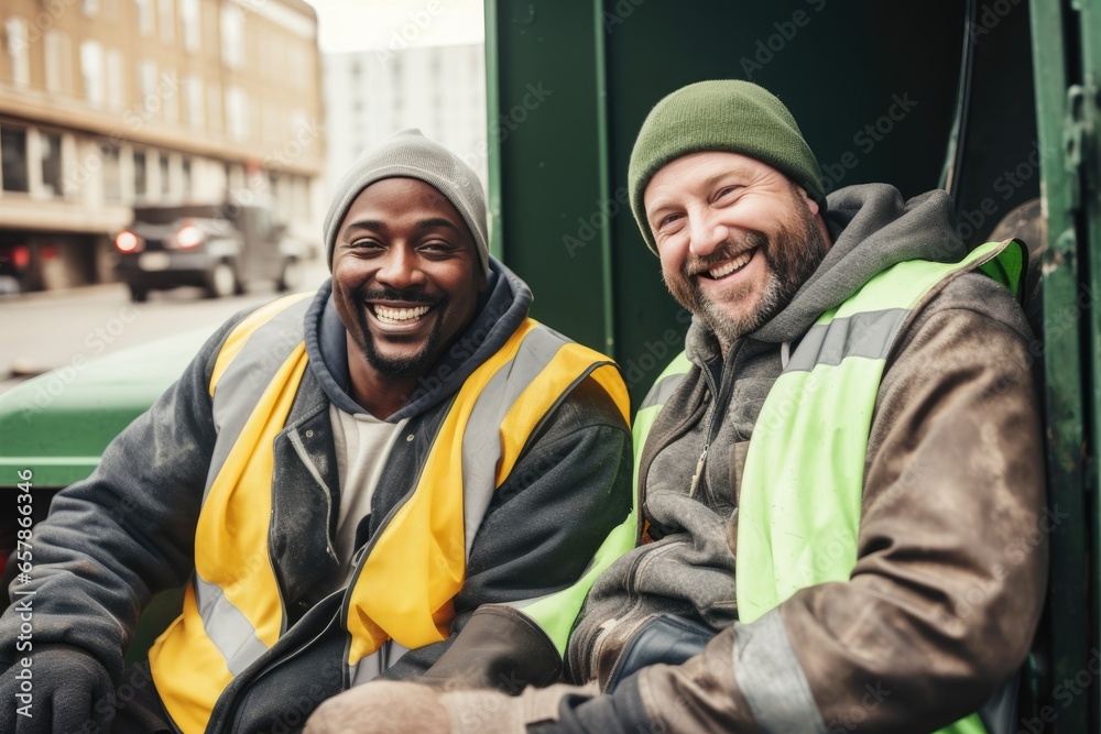 Portrait of two cheerful and smiling adult male garbage and waste collector workers. Portrait of two cheerful and smiling adult male garbage and waste collector workers.