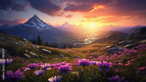 Beautiful nature background. Blooming field at sunset, silhouettes of mountains on the horizon. Landscape at sunset.