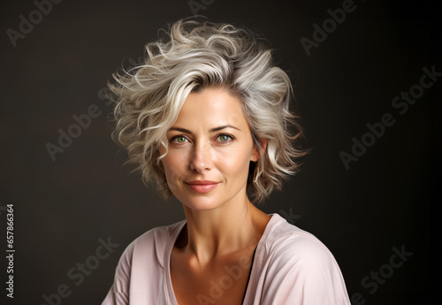 Portrait of beautiful woman blonde on dark background, entrepreneur and business lady, concept of female leadership
