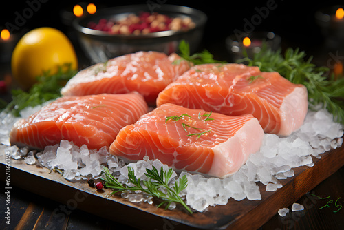  Image of salmon steaks on ice at fish marketplace.