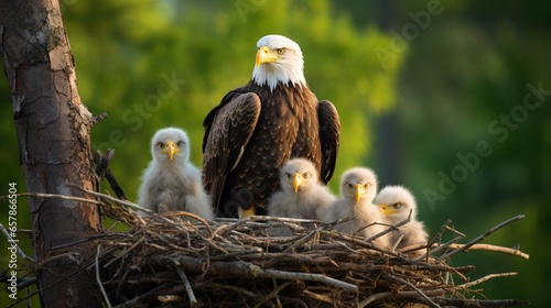 an image of a majestic eagle's nest perched high in a towering tree, with the young eaglets eagerly awaiting their next meal