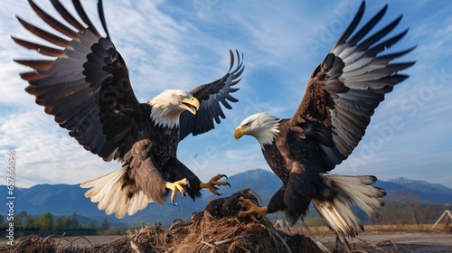 an image of a pair of eagles engaged in an intricate mid-air dance, their talons locked together against a vivid blue sky © Muslim