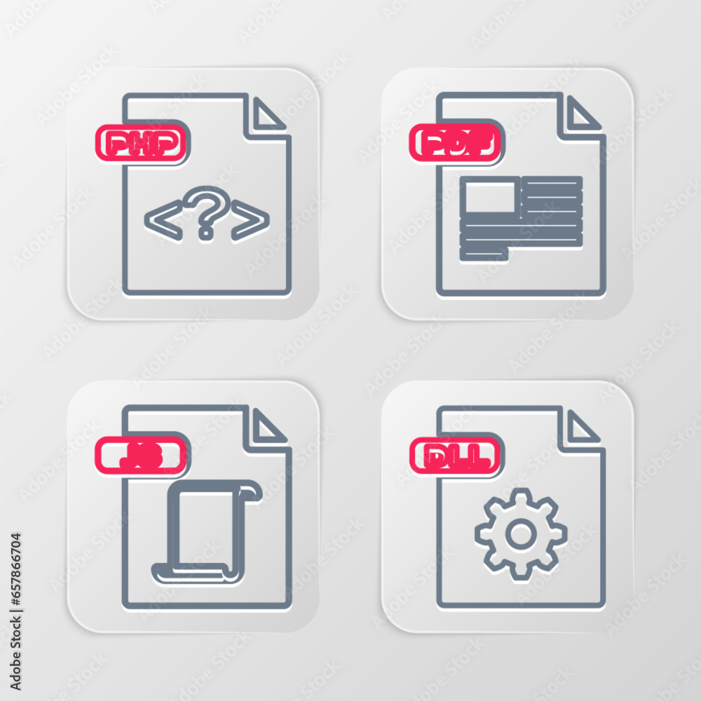 Set line DLL file document, JS, PDF and PHP icon. Vector