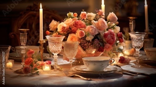 an inviting image of a beautifully set dining table, bathed in soft candlelight, with fine china, crystal glassware, and an arrangement of fresh flowers as the centerpiece
