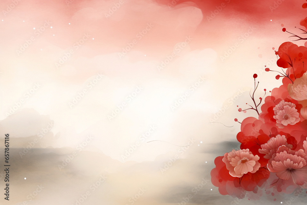 Red chrysanthemum flower blossoms border on romantic, dreamy sky background, minimalist watercolor and ink landscape painting, Asian nature illustration to celebrate Lunar New Year